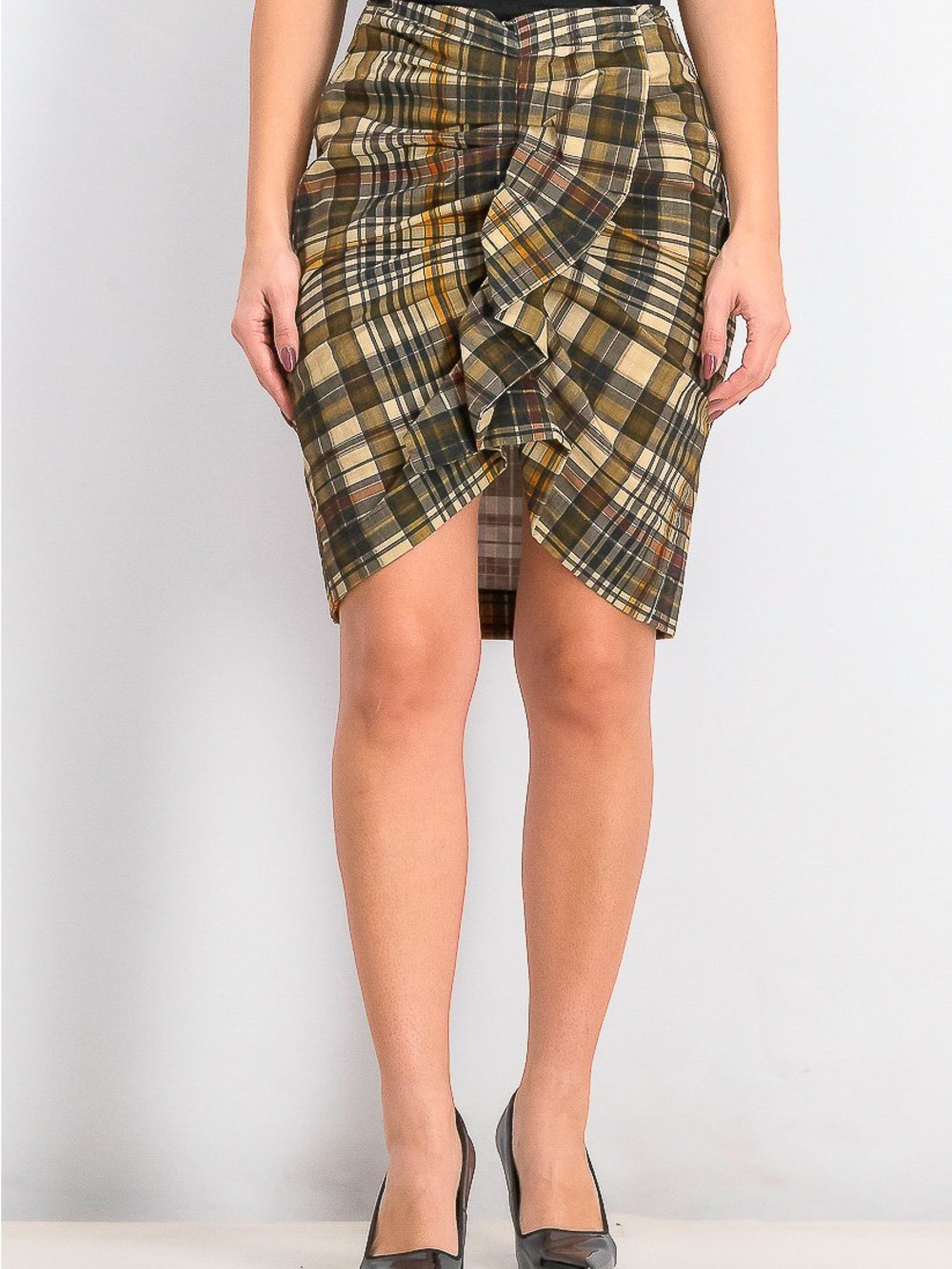 Mango Plaid Ruffle-Front Pencil Skirt in Olive and Tan